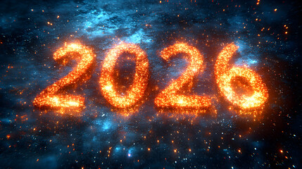 Celebration of New Year 2026 With Sparkling Fireworks Showcasing Glowing Numbers in Black Night