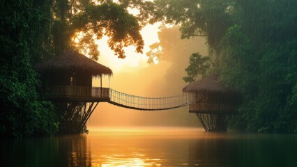 Fototapeta premium Tranquil Treehouse Retreat: Serene Jungle Hideaway at Dawn with Rope Bridges