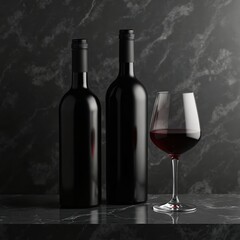 Two black wine bottles, glass with red wine on black marble background. Cabernet sauvignon alcoholic beverage minimalist mockup. Luxury drink template. Elegant winemaking product presentation.