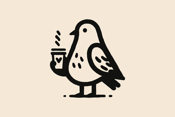Funny pigeon with coffee cup, simple line art vector