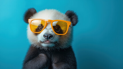 Fototapeta premium Cute baby panda wearing orange sunglasses on turquoise background
