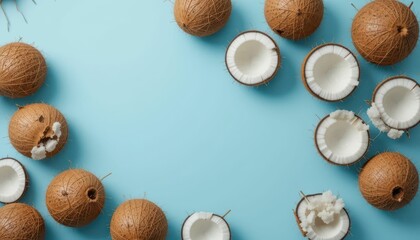 Fototapeta premium Fresh and Dried Coconuts on Blue Table Background