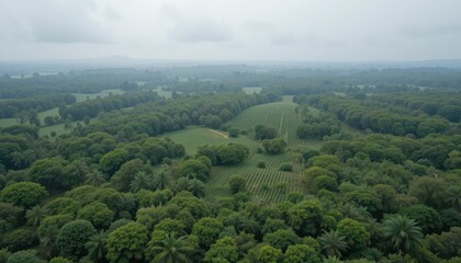 Obraz premium Aerial View of Lush Green Landscape with Dense Forest and Hills