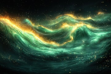 Abstract Green and golden waves swirl against a dark background, luminous particles scattered