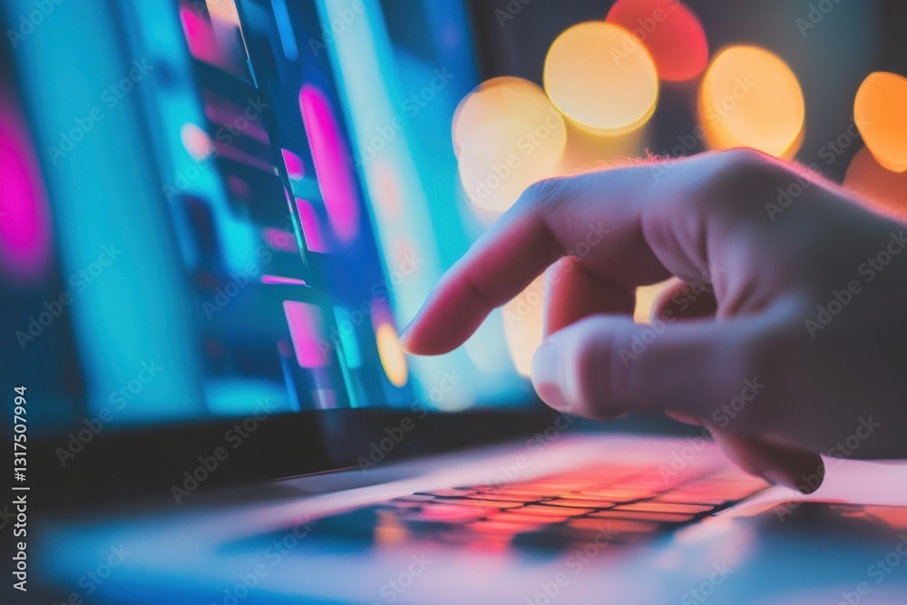 Poster person pressing button on computer screen with blurred background . a person interacts with a comput