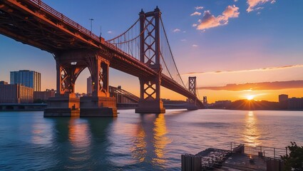 Fototapeta premium A stunning view of a bridge over a calm river at sunset, with golden reflections on the water and a colorful sky.