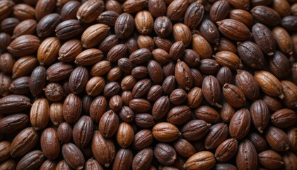 Fototapeta premium Brown Seeds in Close-Up Detail on a Natural Wooden Background