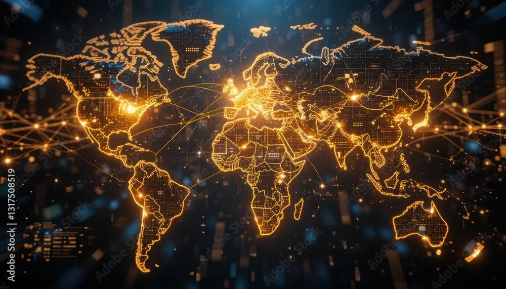 Poster illuminated world map with digital connections and grid patterns