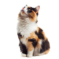 Curious calico cat gazing upwards with a soft expression in a serene indoor environment