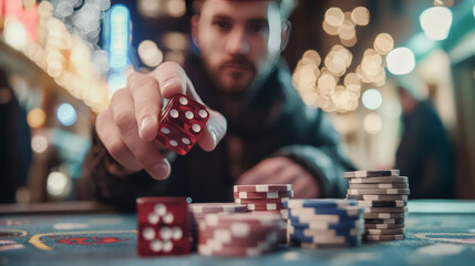 Stop gambling concept. No gamble addiction vector illustration. Ban on illegal business. Game chips and dice holding in hand, rejection gesture. Man refuse to gambles