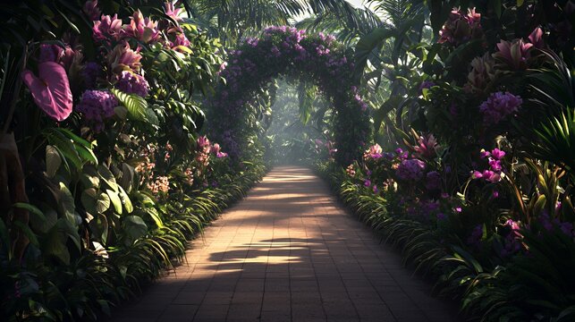 Sunlit Path Through Lush Tropical Garden with Purple Flowers - Powered by Adobe