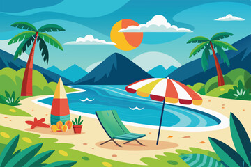 Fototapeta premium A tranquil beach scene features a surfboard beside a colorful umbrella and a comfortable lounge chair, Sea or ocean coast with umbrella, surfboard and chairs,