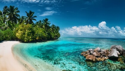 Fototapeta premium oculto en el corazón de una isla tropical, donde el verde follaje se entrelaza con las aguas cristalinas, creando una unión armoniosa entre la tierra y el mar, evocando una sensación de paraíso,