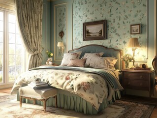 A beautifully decorated bedroom with a large bed and window