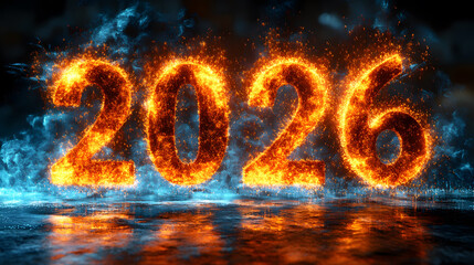 Celebration of New Year 2026 With Sparkling Fireworks Showcasing Glowing Numbers in Black Night