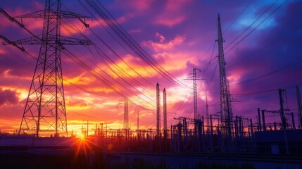 Industrial port at dusk, with maritime cable systems visible in the foreground, highlighted by orange and purple hues in the sky, as workers efficiently manage heavy cables and logistics operations in
