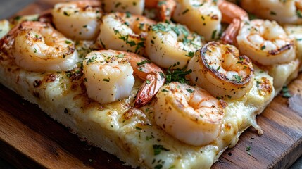 Delicious Shrimp Pizza on Wooden Board