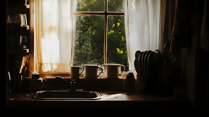 Rustic kitchen window, morning sunlight, three mugs, dishes, peaceful country background. Ideal for home, food, or lifestyle blogs