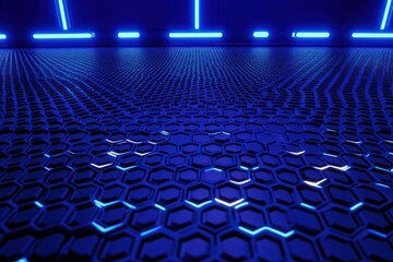 Naklejka premium Abstract blue hexagonal grid floor with neon lights.