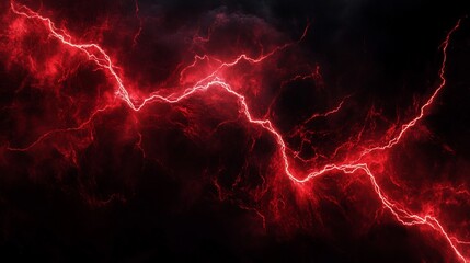 Fiery Red Lightning Bolts Striking Across Dark Night Sky Dramatic Weather Phenomenon Intense Electrical Storm