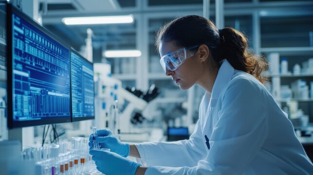 Pharmacologist analyzing drug safety data in a modern lab setting, focusing on pharmacovigilance and ensuring patient safety 