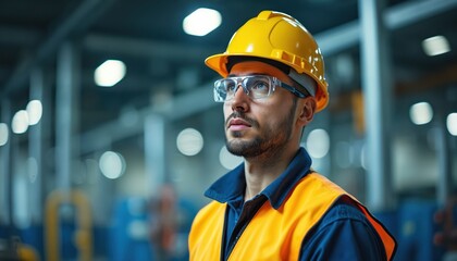Portrait of serious engineer in yellow safety helmet, vest, protective glasses. On duty, working on factory. Automation, optimization idea. Machine monitoring for operational excellence with IIoT