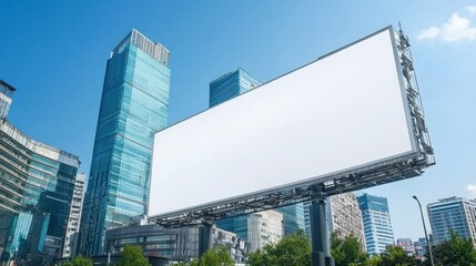 Billboard ad space against tall city buildings and blue sky backdrop