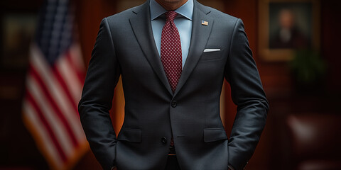 Politician wearing suit with hands in pockets and american flag in background