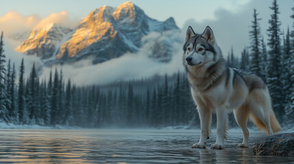 Majestic husky dog standing in a lake with snowy mountain landscape