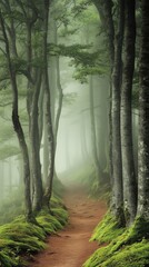 Obraz premium A serene path winds through a misty forest inviting exploration and promising tranquility amidst the whispering trees and soft enveloping fog