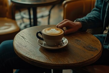 Obraz premium Latte art in a cafe setting a wooden table