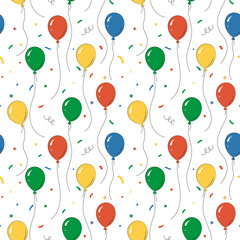 Festive seamless Pattern with party Balloons of different colors, stars, serpentine, confetti. Colorful Background for Kids. Illustration for baby shower. Birthday vector for textile, cards, wrapping.