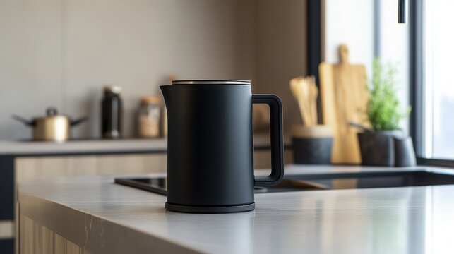 Stylish black electric kettle featuring a matte surface and contemporary design, sitting on a clean, modern kitchen countertop, adding a touch of sophistication to the kitchen setup
