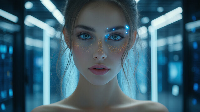 Close up portrait of a futuristic woman with blue glowing markings and glitter, standing in a server room