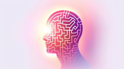 Artificial intelligence concept or thinking concept background with human profile and glowing neural network maze visualization