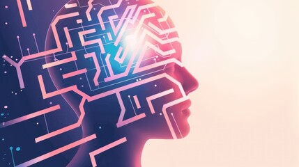 Artificial intelligence concept or thinking concept background with human profile and glowing neural network maze visualization