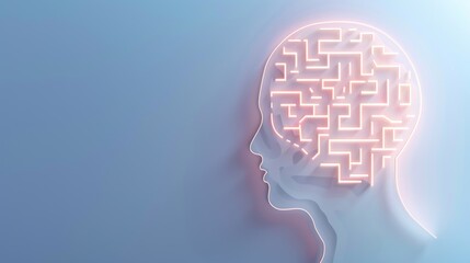 Artificial intelligence concept or thinking concept background with human profile and glowing neural network maze visualization