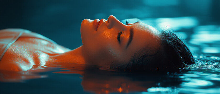 Woman floating peacefully in dark water illuminated by warm light at a spa during a nighttime session