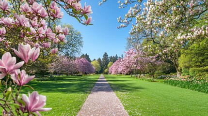 Tranquil Pathway in a Serene Garden Blooming with Spring Flowers