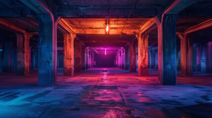 Abandoned Warehouse with Neon Lights and Concrete Pillars