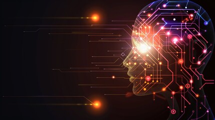 Digital human profile with circuit connections and glowing technology elements on dark background