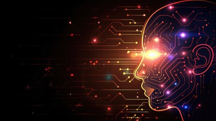 Obraz premium Digital human profile with circuit connections and glowing technology elements on dark background