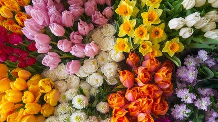 Vibrant Overhead Shot of Colorful Flowers at a Busy Market