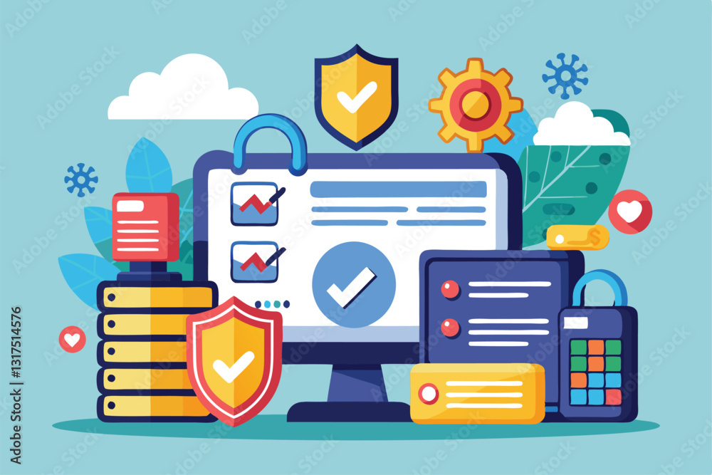 Aufkleber a colorful cartoon showing secure data management with customization options and various tech icons,