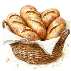 Delicate watercolor of golden baguettes in wicker baskets with sprinkles