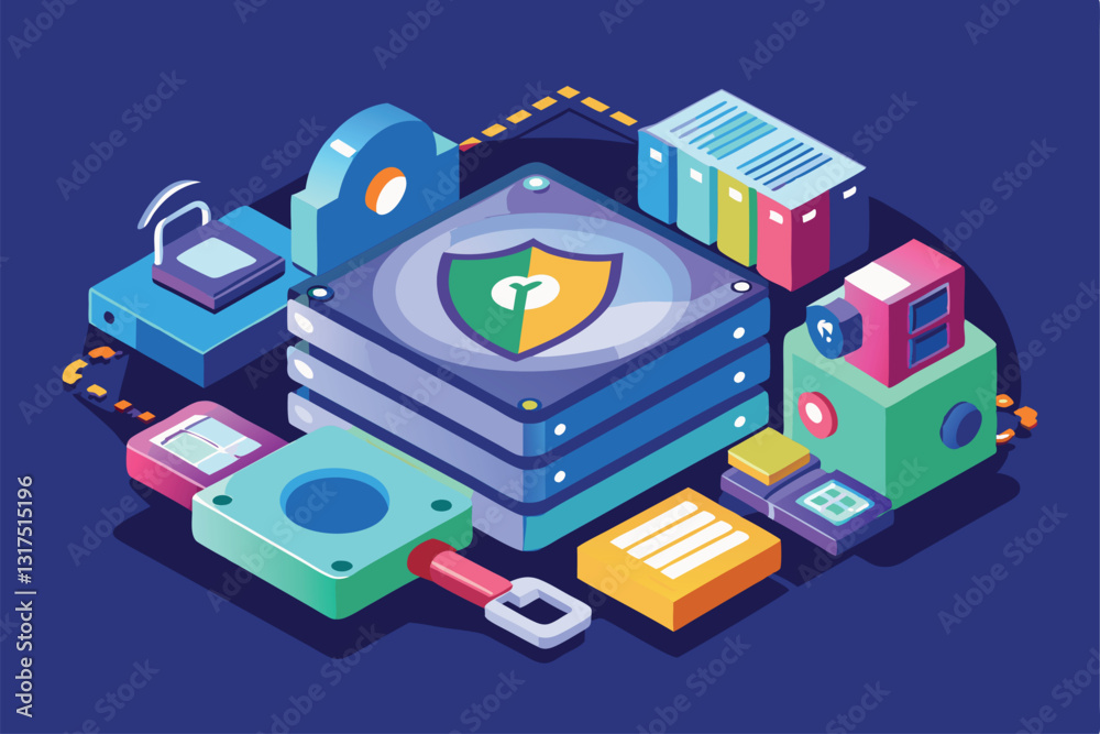 Poster the design showcases various colorful elements related to secure data storage and cybersecurity tool
