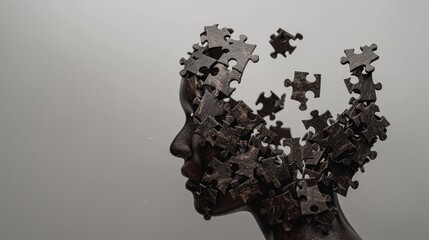 Human head silhouette with disintegrating puzzle pieces symbolizing mental health challenges or thinking on neutral background