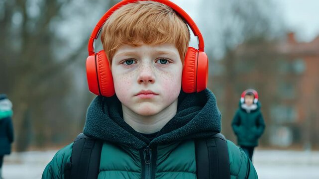 Boy with Noise Cancelling Headphones in Winter Jacket, Autism Spectrum Awareness, Moody Outdoor Setting