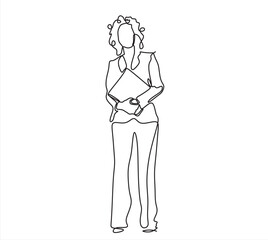Business woman standing with a folder in his hands. Business concept. Continuous line drawing.	