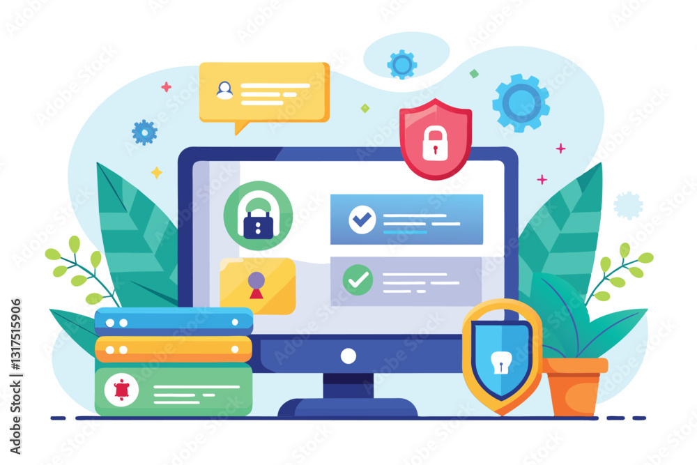 Poster a vibrant login screen design features security icons and user interactions with a sleek monitor set